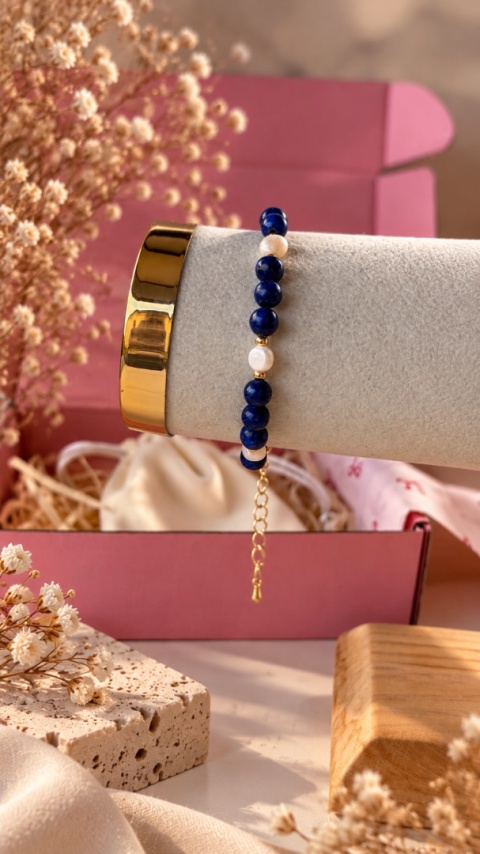 bransoletka z lapis lazuli, bransoletka z perłami słodkowodnymi, niebieska bransoletka, biżuteria z kamieni naturalnych
